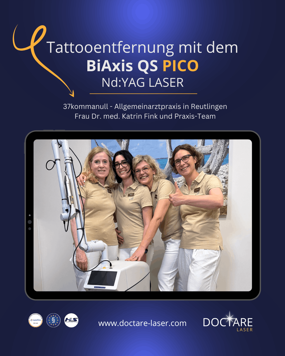 Tattooentfernung in Reutlingen BiAxis PICO 37kommanull - Allgemeinarztpraxis Foto Copyright for Doctare-Laser 2026