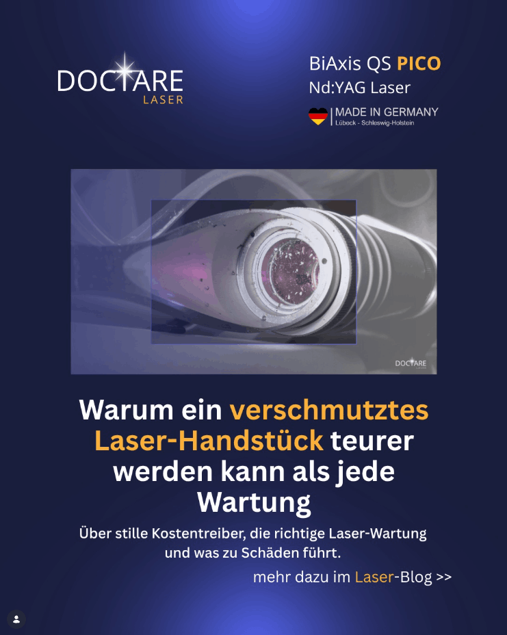 Verschmutztes Laser-Handstück mit Pigmentablagerungen im NdYAG-Handstück Abstandshalter Schutzglas Instagram Post Copyright Doctare-Laser 2026
